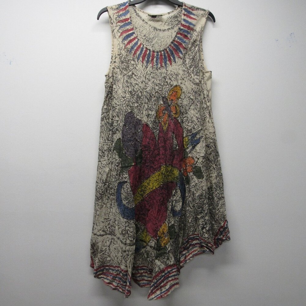 Beach Crew Boho Printed Embroidered Heart Floral Butterfly Swing Tunic Dress OS